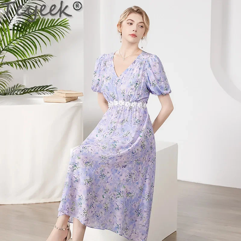 

100% Tcyeek Real Mulberry Silk for Women Spring Summer Clothes Elegant and Pretty Women's Dresses High-end Floral Dress