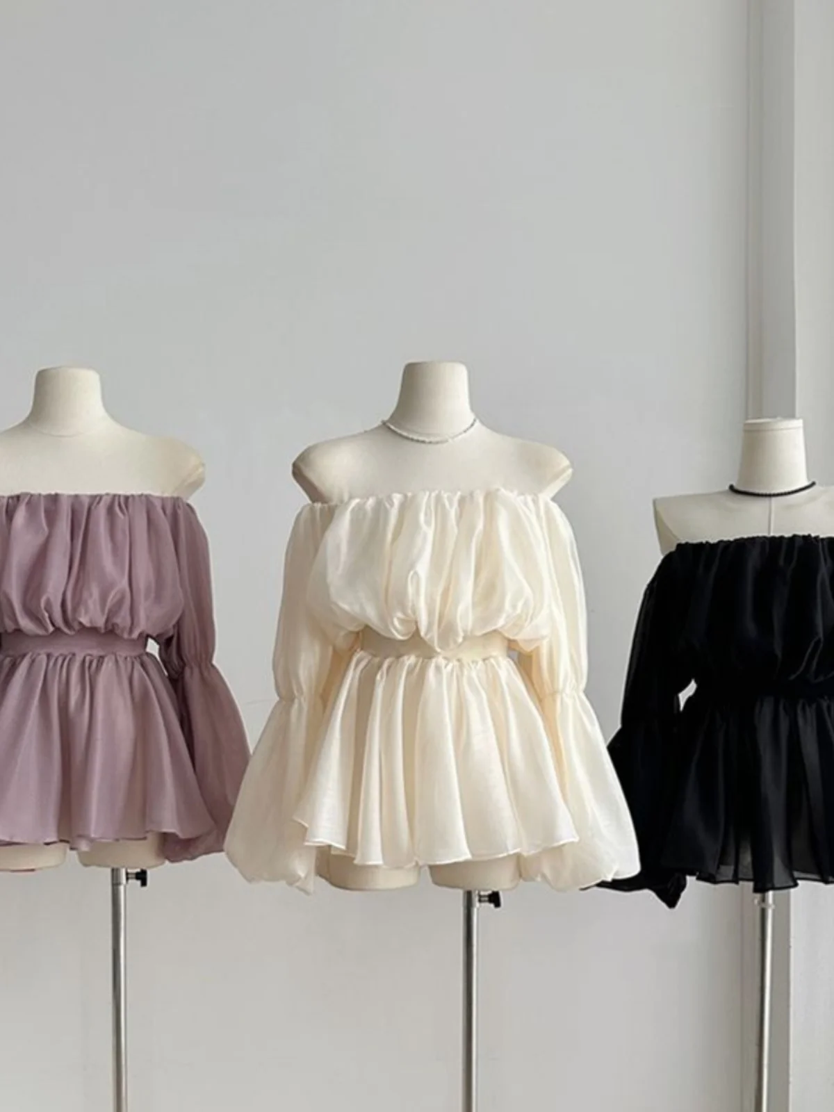 

Fashionable Sweet One-Shoulder Mesh Bubble Sleeve Shirt Elegant Shirt Top with Pleats Korean Style Slim Fit Long Sleeve Polye...