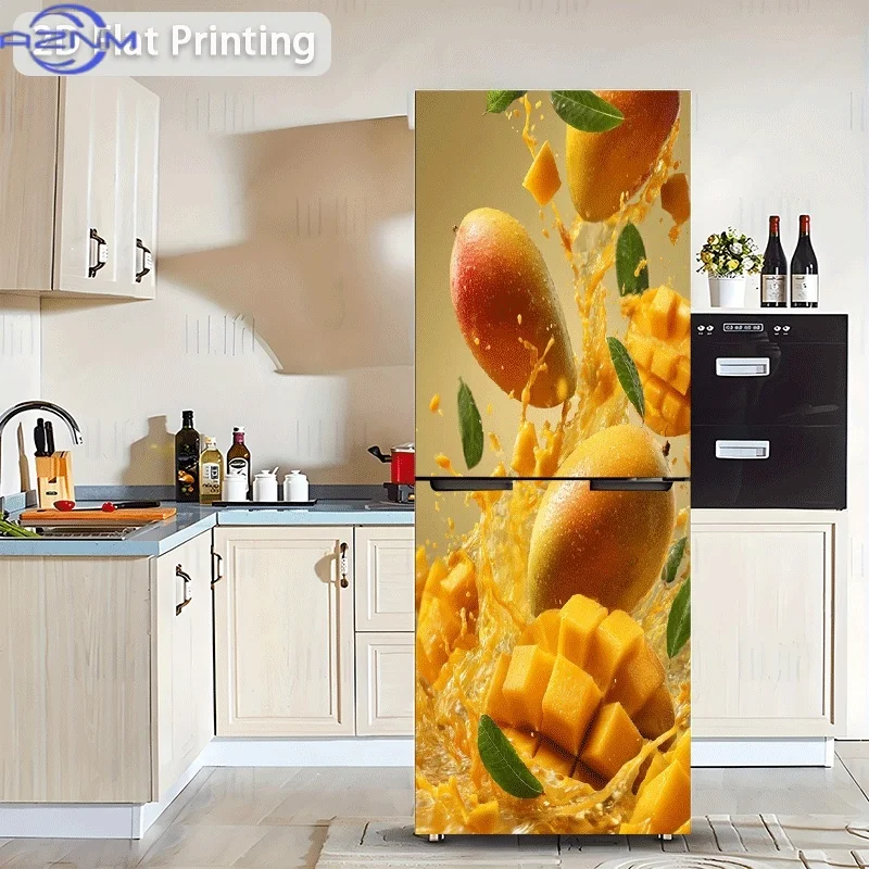1pc 2D Printed Pattern Refrigerator Sticker Mango Juice Splash Mango Dance Wall Decal Self-Adhesive Wallpaper Suitable for Cab