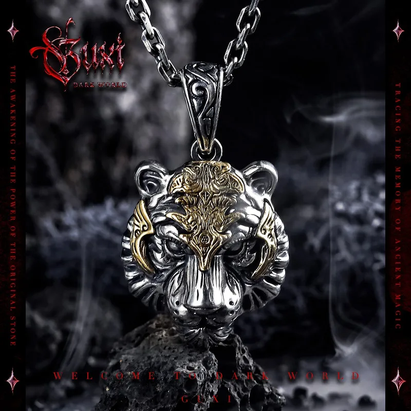 

Classy sense of silver jewelry retro925 silver tiger head necklace boys trendy sense of designniche style tiger pendant