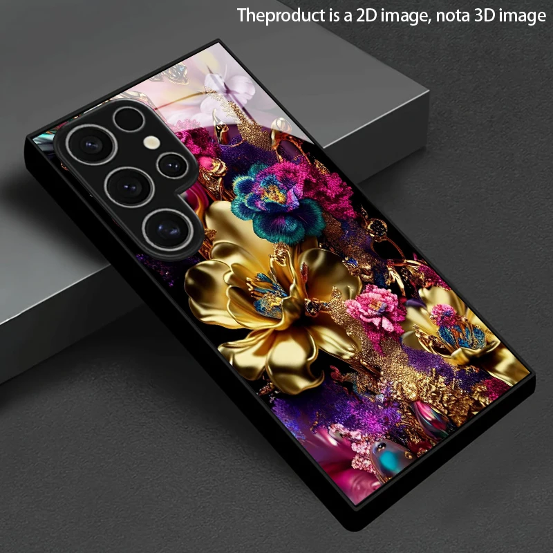 Luxury Gold Floral Pattern 2D Phone Case for Samsung S26 S25 S24 S23 S22 S21 S20 A55 A54 Tempered Glass Protective Cover