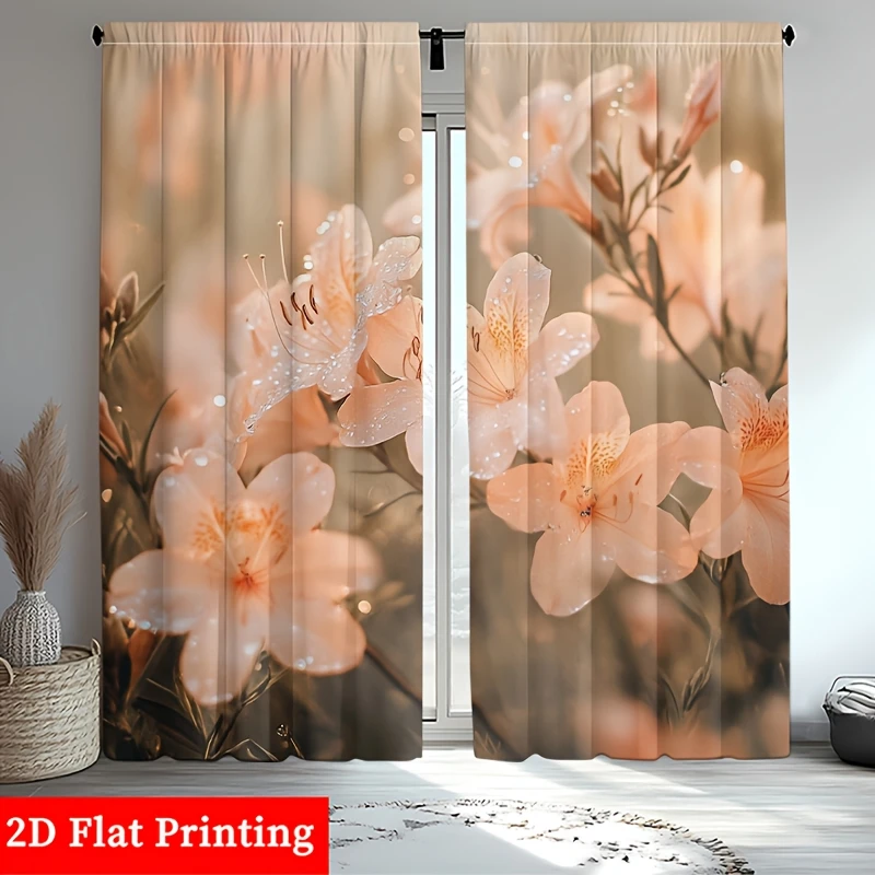 Premium Floral Lily Curtain 2pcs Blush Pink Drapes Modern Window Treatment 2D Flat Printing Romantic Home Decor