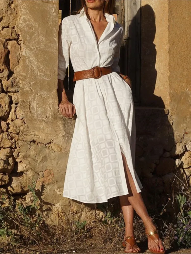 Otoño Invierno nueva moda mujer dibujo a cuadros medio largo camisa de un solo pecho vestido Casual de manga larga con bolsillos