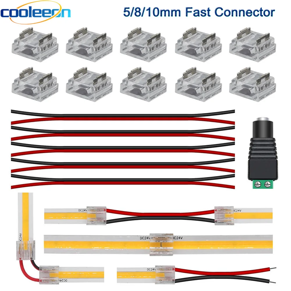 SWOTU 24-Piece 2-Pin 10mm LED Strip Connectors – 12 Straight & 12 L-Shape – For 10mm Width COB/SMD Single Color Strips, No Soldering