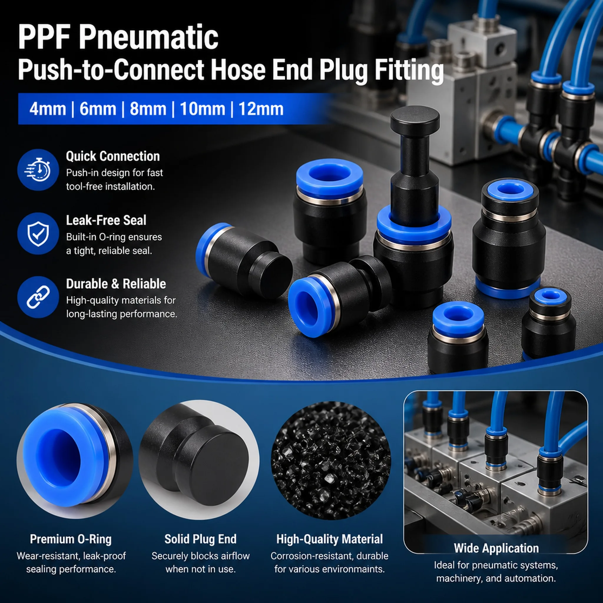 PPF Pneumatic Push-to-Connect Hose End Plug Fitting 4mm 6mm 8mm 10mm 12mm Air Line Tube Sealing Cap Quick Release