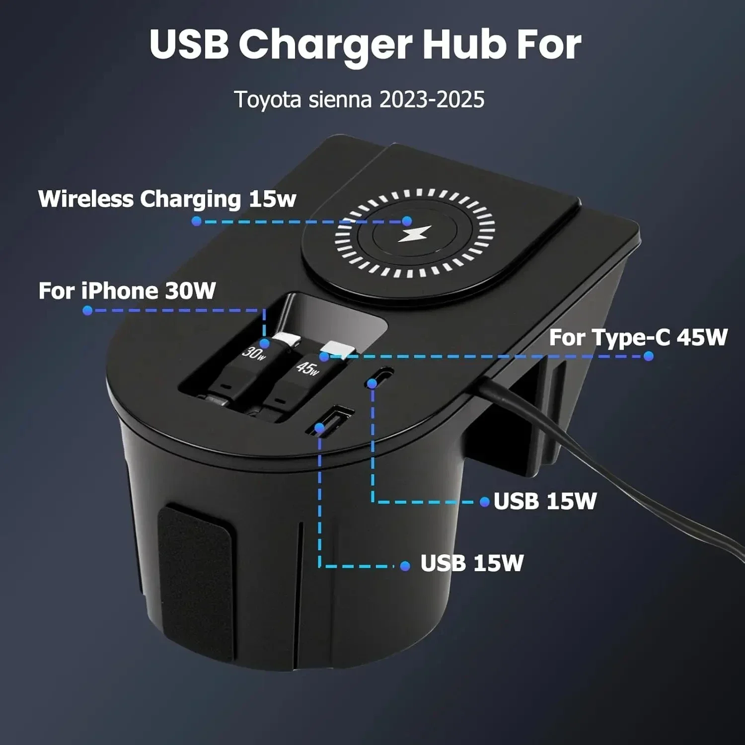For Toyota Sienna 2021-2025 Wireless Car Fast Charging Charger Fast Charging 5-Port Center Console USB Hub Docking Station