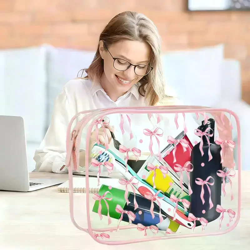 All Over Print Waterproof Pvc Nylon Pouch Bows Makeup Bag Transparent Toiletry Zipper Pouch Bow Clear Cosmetic Bags