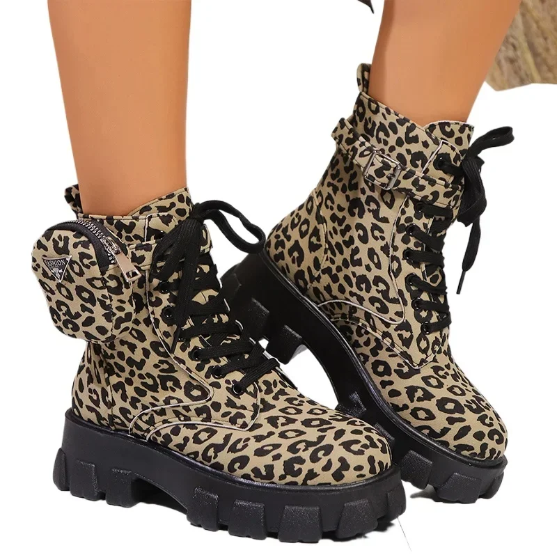 Leopard Print Chunky Heels Schuhe Frauen Plattform Stiefeletten Casual Sneaker Winter 2025, Trend Designer Lace Up Schnee Botas Mujer