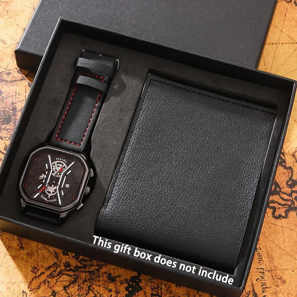 2pcs/set Fashion Mens Watch Round Analog PU Leather Strap Men's Watch Male Quartz Wristwatch Ideal Choice for Halloween Gifts