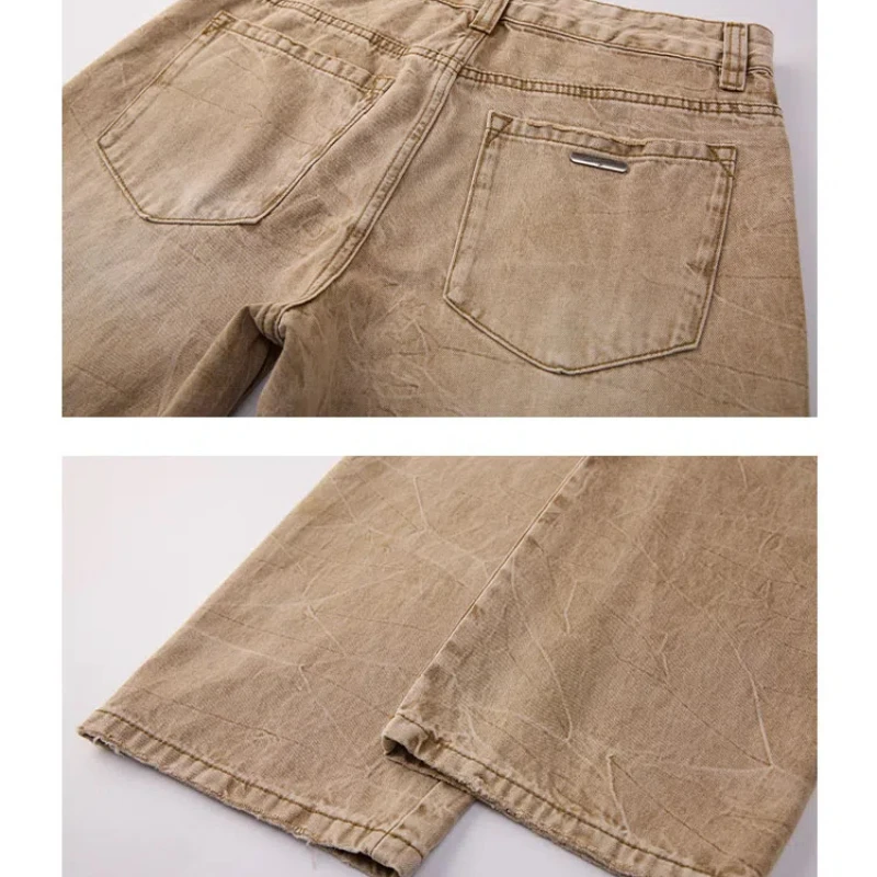 봄-여름 클랜핏 스트레이트 튜브 버전 루즈한 캐주얼 얇은 나방 노란색 천 청바지에 약간의 구멍이 있음