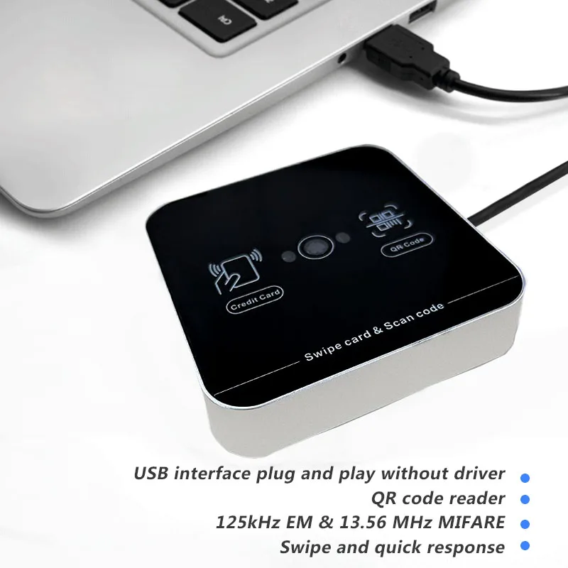 Smart NFC ID IC Card Reader 125Khz 1D 2D QR Code Scan RFID QR  Code Reader Contactless USB Interface Desktop Card Reader