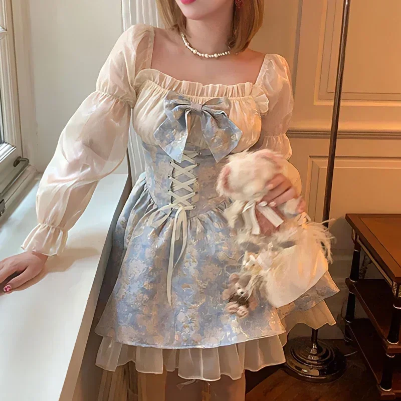 2024 Japanese Style Lolita Princess Dress Women Party Y2k Bandage Blue Cosplay Costumes Puff Sleeve Ribbon Bowknot Mini Dress