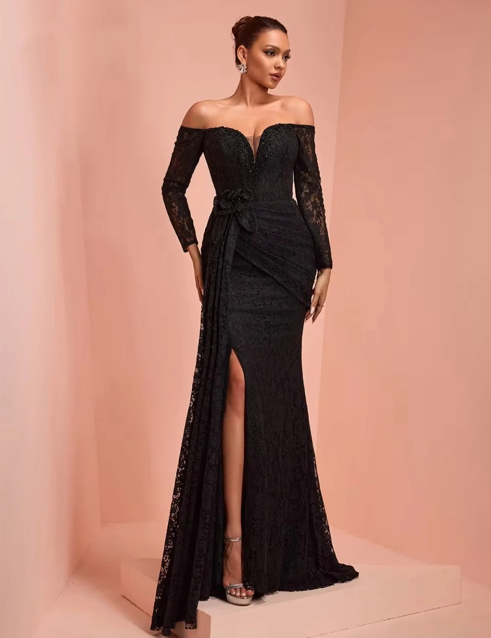 Slit Lace Long Sleeves Bespoke Occasion Gown Evening Dresses Prom Pastrol Unisex Jersey Retro Dubai Saudi Arabic Customized