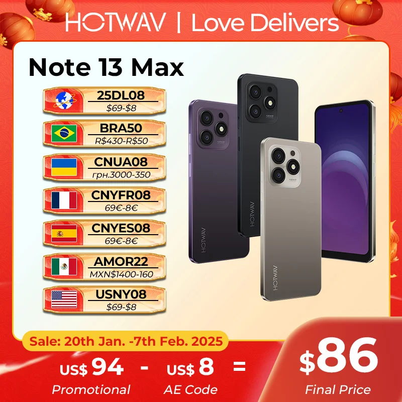 HOTWAV Note 13 Max Mobile Phone Android 14 6.8'' HD+ 16(6+10)GB 256GB Cellphone 48MP 5160mAh 9.2mm Ultra-Thin Smartphone