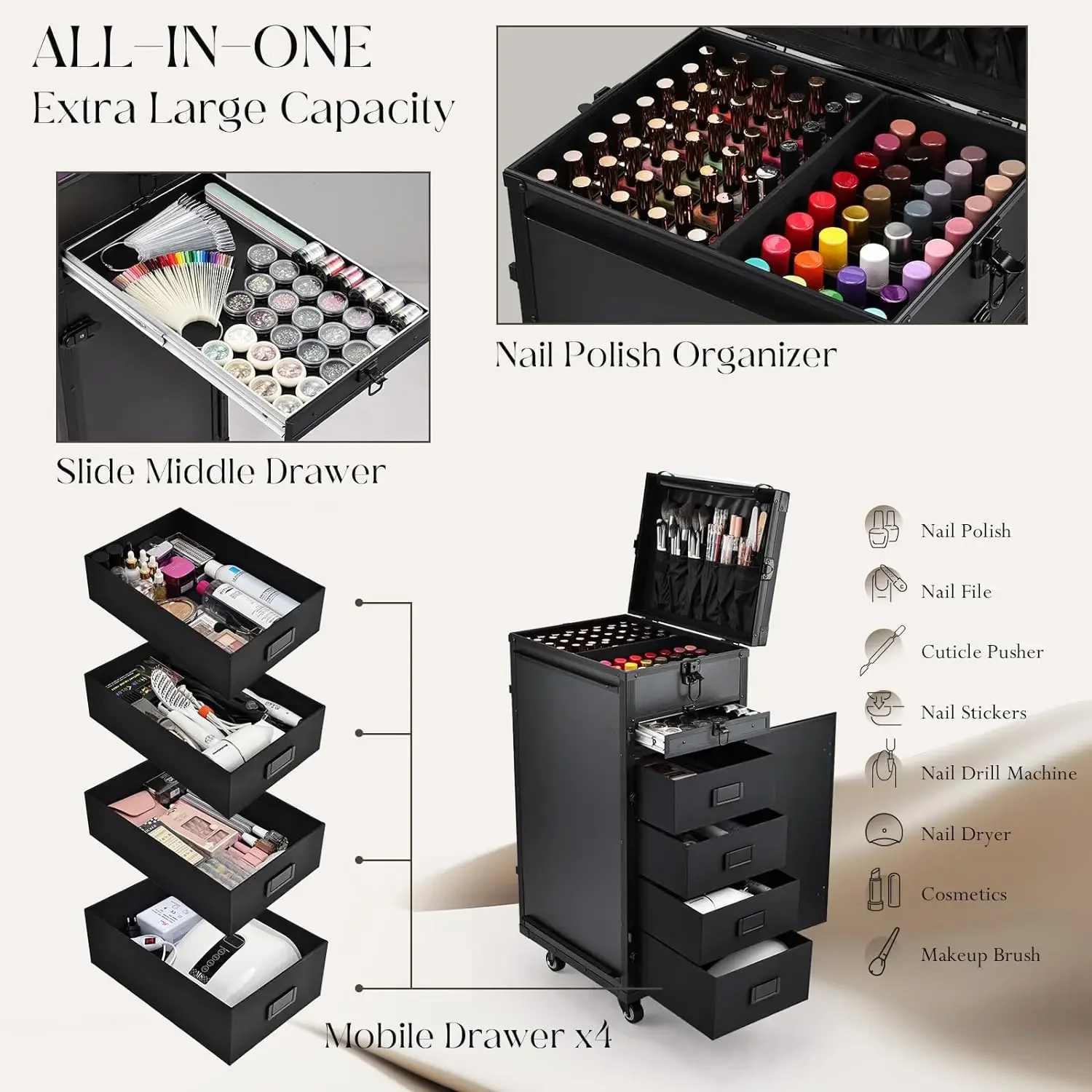 Rolling Manicure Table Makeup Case Foldable Nail Desk 5 Drawers Cosmetology Case on Wheels with Brush Pouch