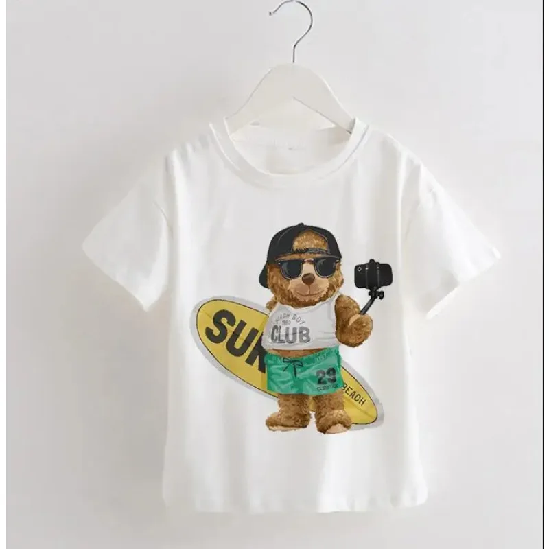 T-shirt engraçado dos desenhos animados das crianças, tops, roupas, urso, gato, criança, bebê, criança, crianças, meninos, meninas, crianças, curto, novo