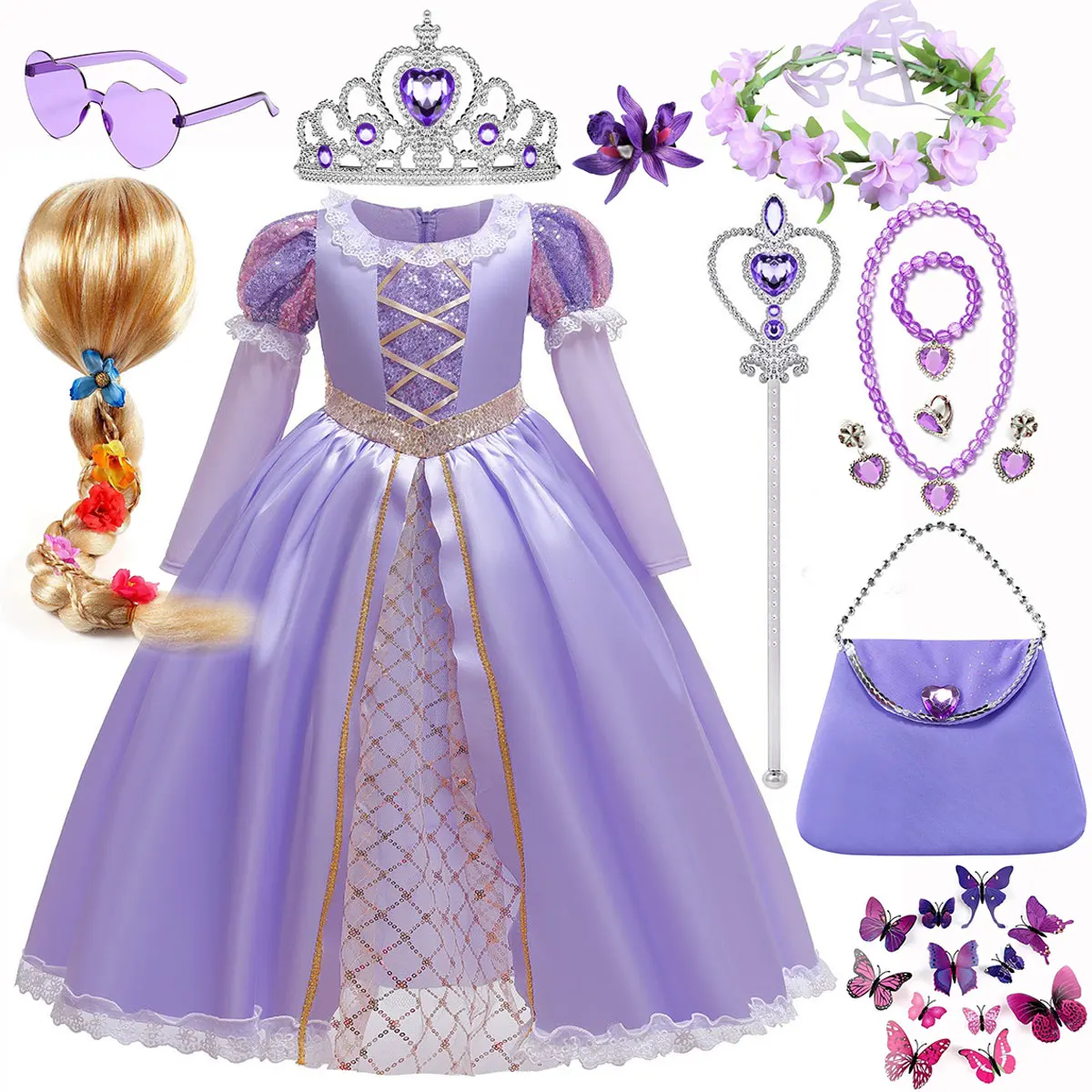 

Halloween Disney Rapunzel Princess Dress for Girl Fancy Cosplay Tangled Purple Long Sleeves Costume Set Birthday Carnival Party