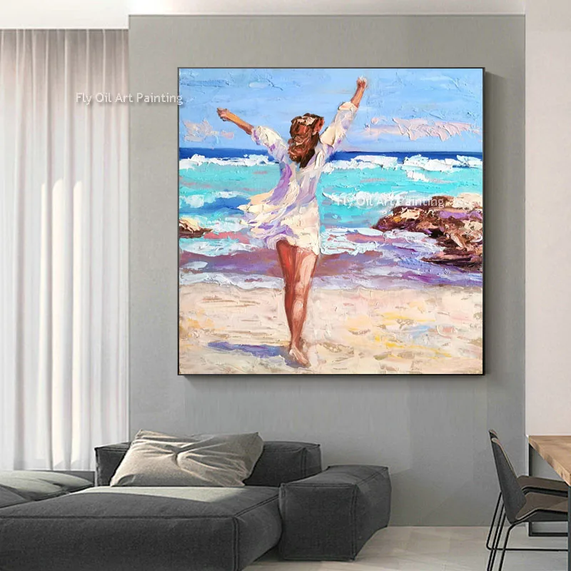 100% Hand Painted Women On The Beach Oil Painting On Canvas Painted Modern Art For Living Room Home Decoration As Best Gift