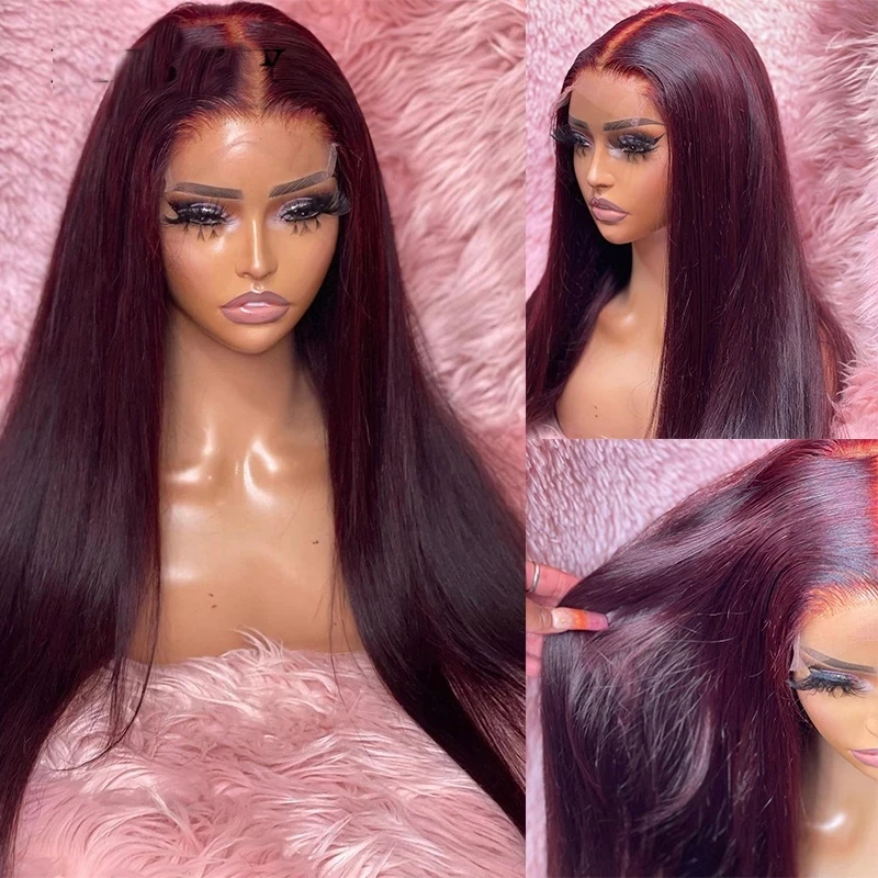 99J Colored 26Inch  Burgundy Synthetic Straight Lace Front Wig For Black Women With Baby Hair Heat Resistant Fiber Daily Wig