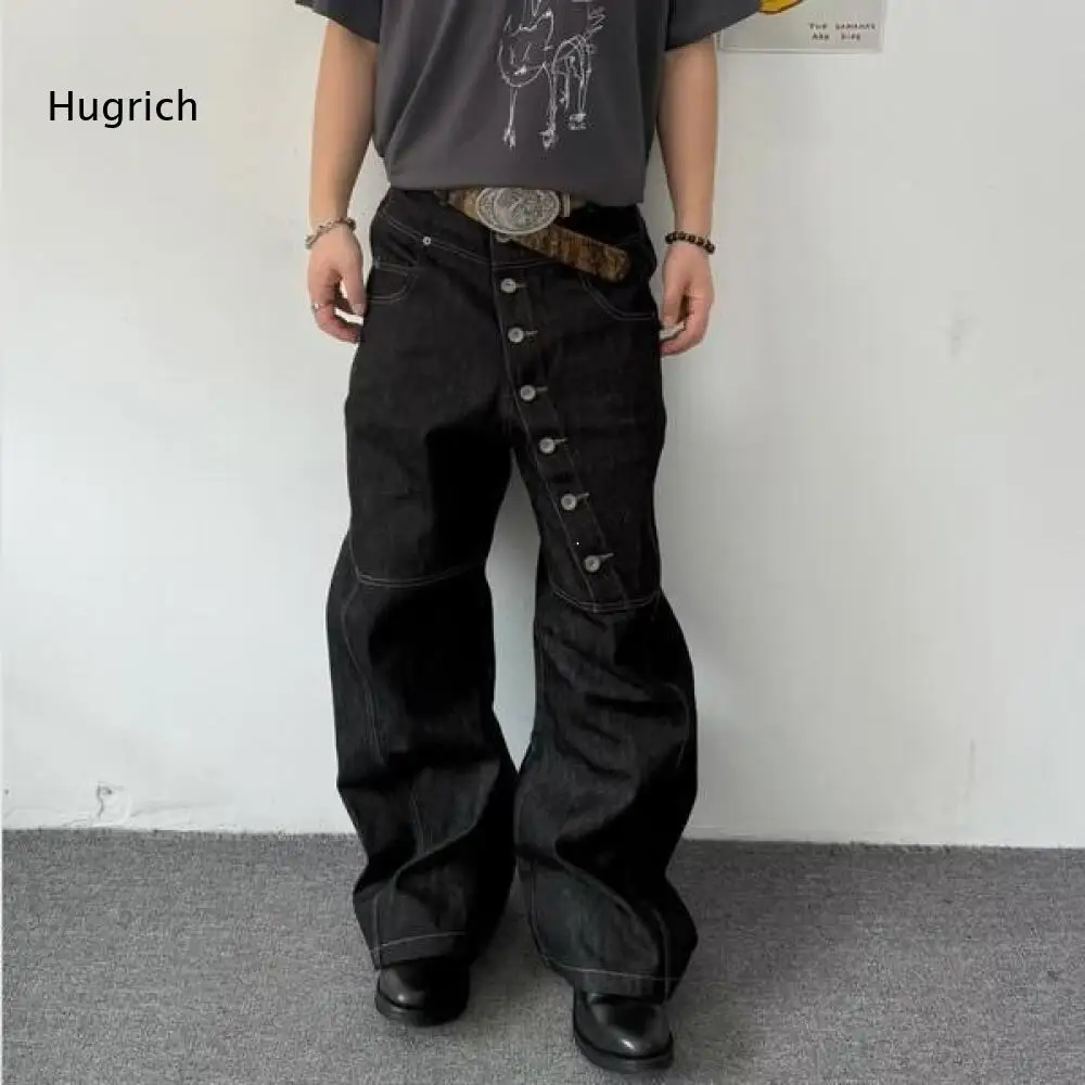 Street Style Loose Wide Leg Denim Pants For Men Diagonal Button Placket Contrast Stitching Detail For Daily Casual Matching
