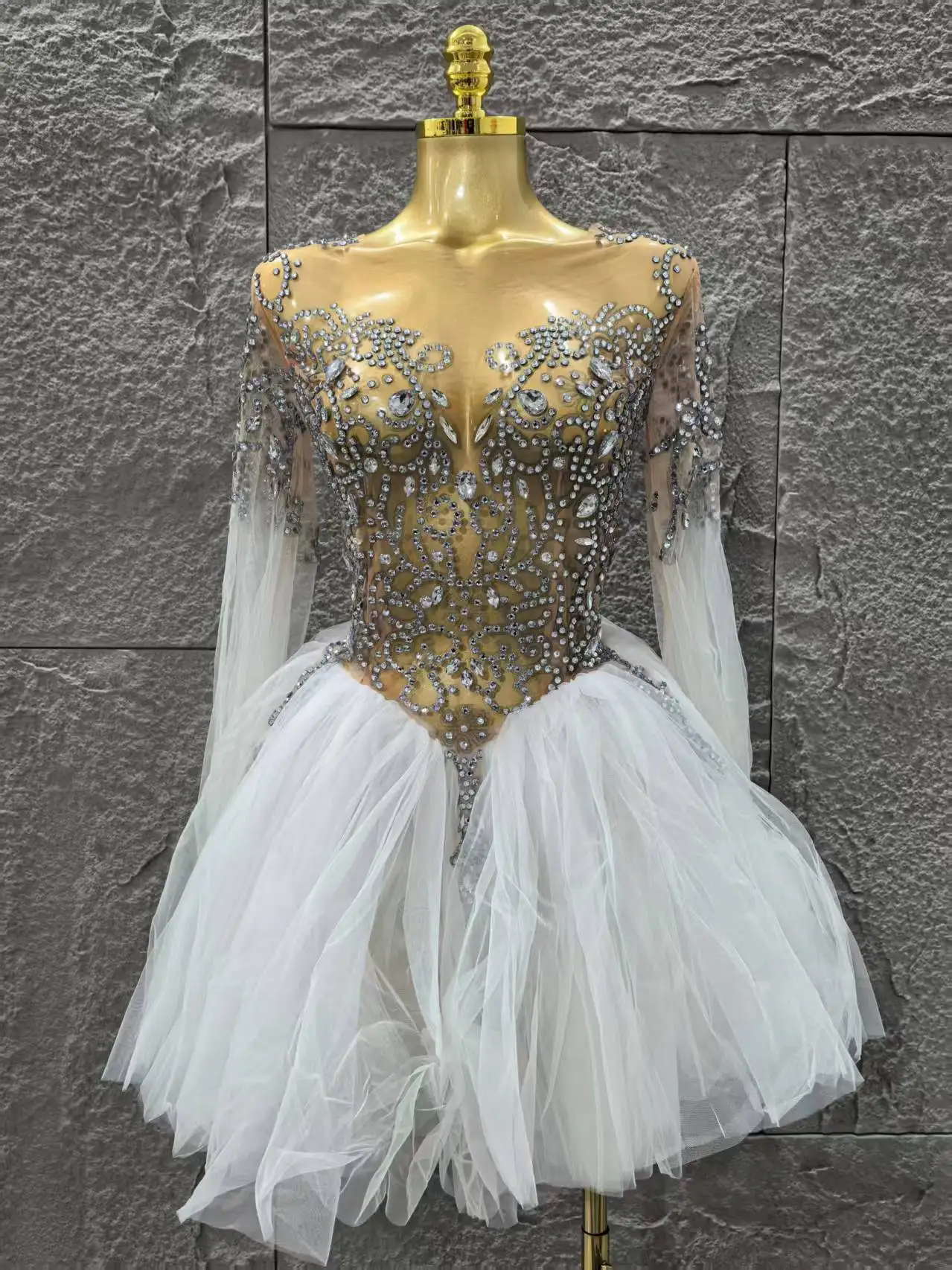 

Sparkly Rhinestones Sheer Dress for Women Sexy See Through Celebrate Wedding Evening Prom Birthday Mini Dress Photo Shoot Wear