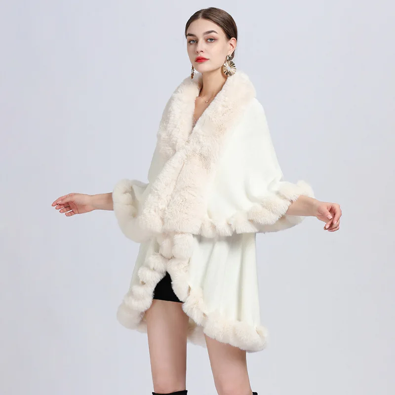 Autumn and Winter New Imitation Otter Rabbit Fur Collar Shawl Cape Women's Plus Size Knitted Cardigan Loose Jacket Women