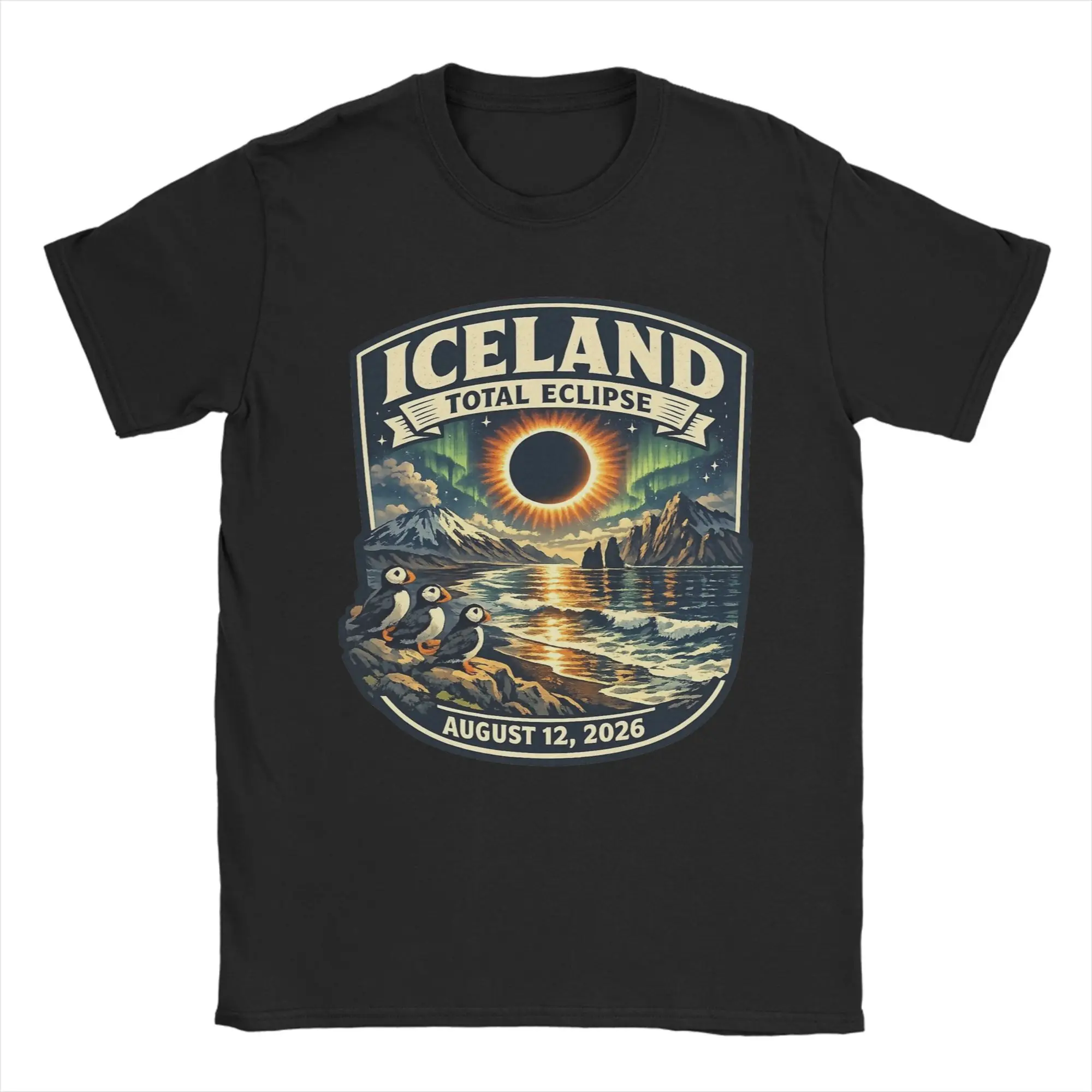 Iceland Total Solar Eclipse 2026  August 12 Eclipse Chaser Adventure T Shirts for Men Cotton Vintage T-Shirt Crewneck  Tee Shirt