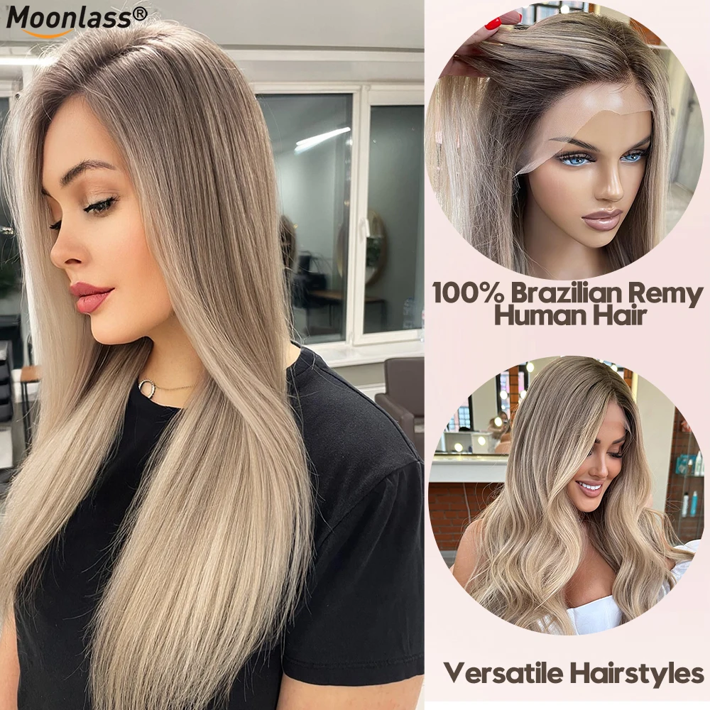 180% Density Highlight Ash Blonde Wig Human Hair 13x4 Breathable Lace Front Human Hair Wigs Balayage Pre Plucked Wigs For Party