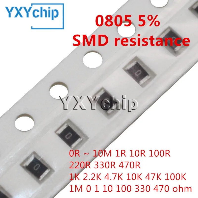 100pcs 0805 5% 1/8W SMD chip resistor 0R ~ 10M 1R 10R 100R 220R 330R 470R 1K 2.2K 4.7K 10K 47K 100K 1M 0 1 10 100 330 470 ohm