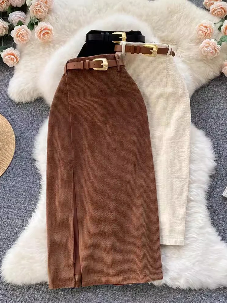 

Vintage Split Skirts For Women Autumn Winter Korean Temperament High Waist Hip Wrap A-line Skirt Office Lady Long Skirt 2023