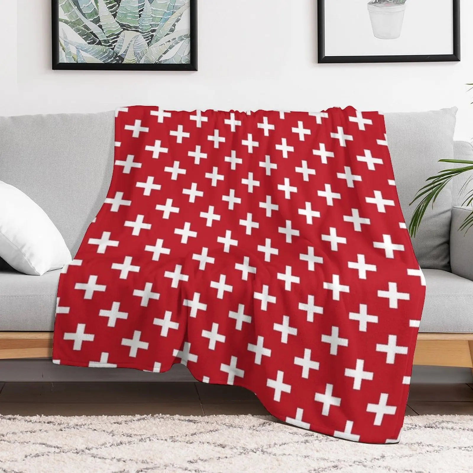 Crosses Criss Cross Swiss Cross Hygge Scandi Plus Sign Red and White Throw Blanket