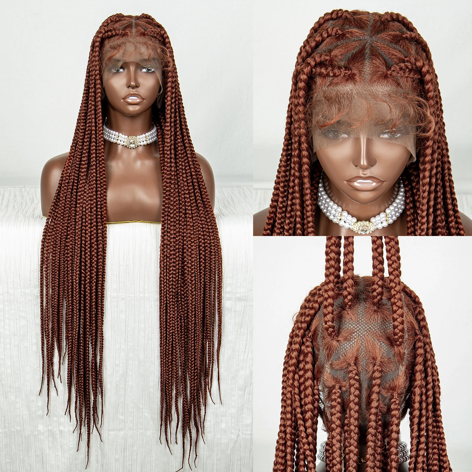 36inch 350# Ginger Orange Knotless Box Braided Wigs Synthetic Full Lace Braids Wig For Women Crochet Braids Wig with Baby Hair