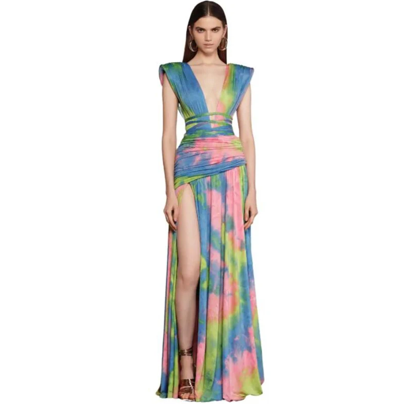 Msmusi 2023ใหม่แฟชั่นผู้หญิงเซ็กซี่ Tie Dye Deep V TANK คอ Draped พับ Slit แขนกุด bodycon เที่ยวกลางคืน Maxi ชุดเดรสชุดราตรียาว