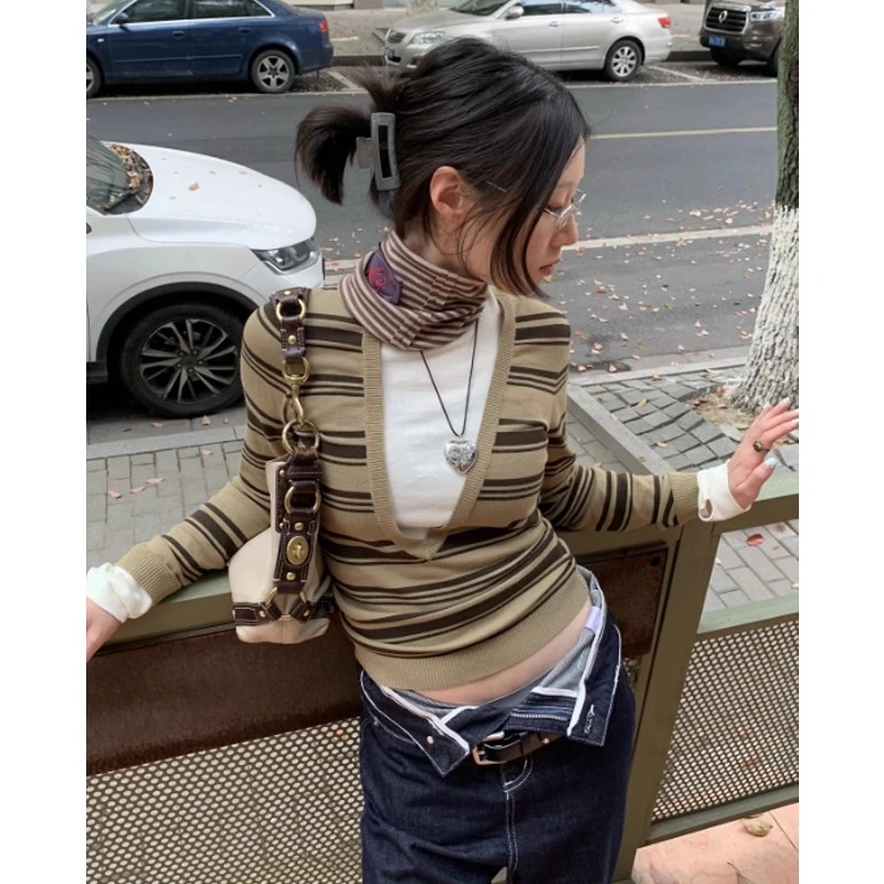 Yedinas مخطط وهمية قطعتين تي شيرت المرأة طويلة الأكمام الكورية موضة مكتب سيدة محبوك القمم الخريف تيز الملابس النسائية #5