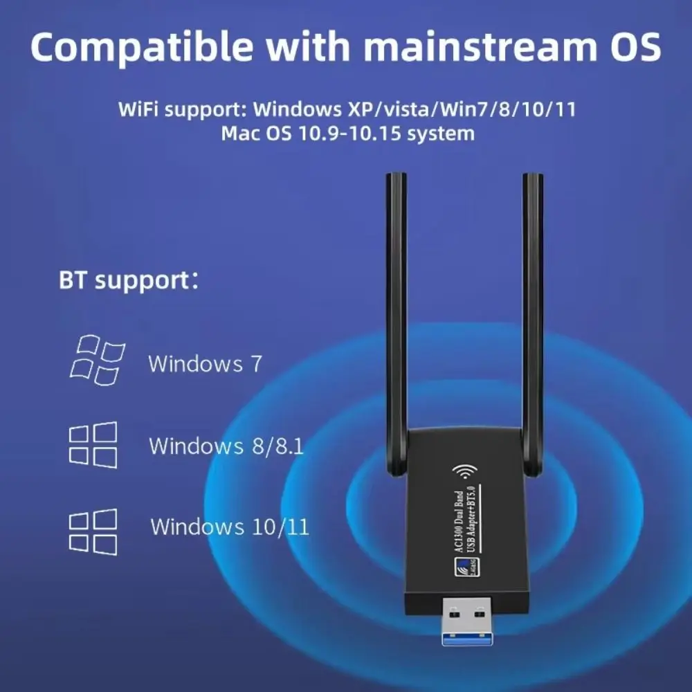 Dual Band WiFi USB Adapter 2 Antenna Design USB3.0 Interface 1300Mbps WiFi Dongle Driver Free Powerful Wireless Network Card