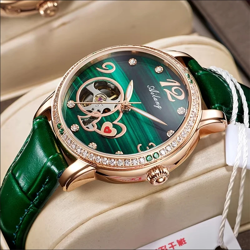 Luxury Automatic Skeleton Mechanical Watch Ladies Watch High Quality Waterproof Diamond Green Watch Luminous Watch