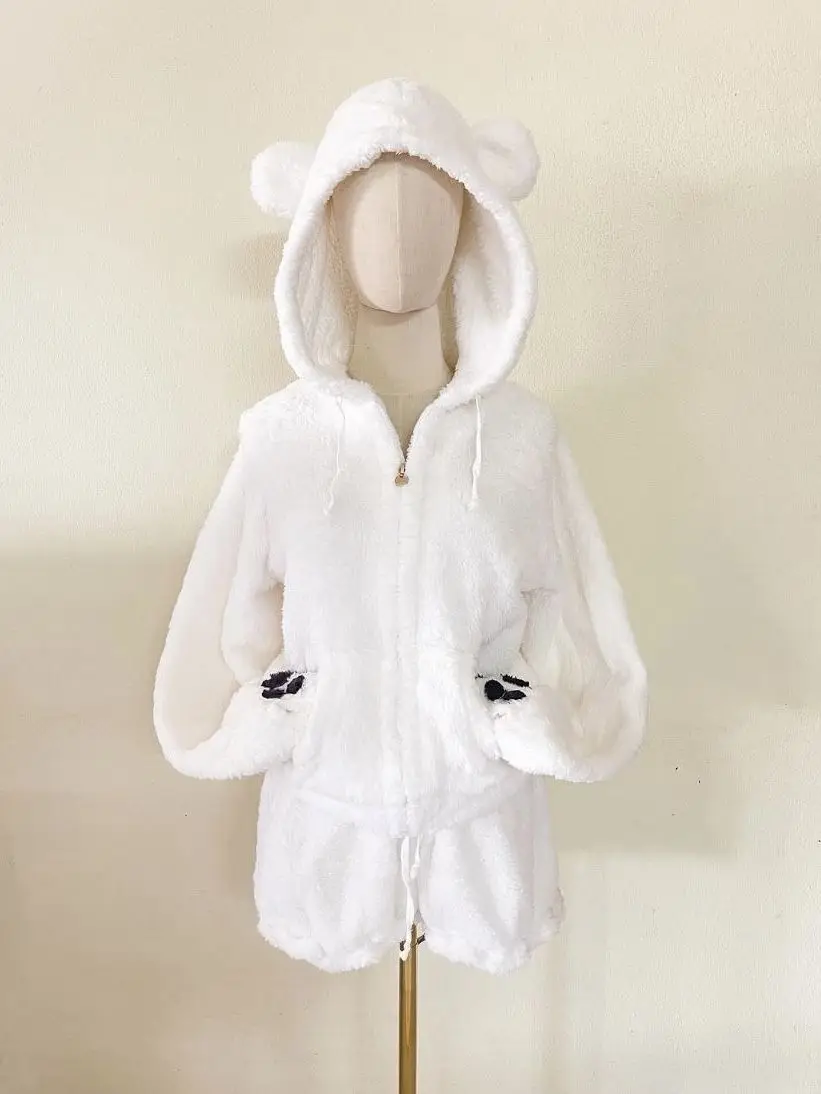 Kimotimo Autumn Winter Sweet Cute Bear Ears Hooded Sweatshirt Warm Shorts Two Piece Set Women Casual Loungewear Tracksuit