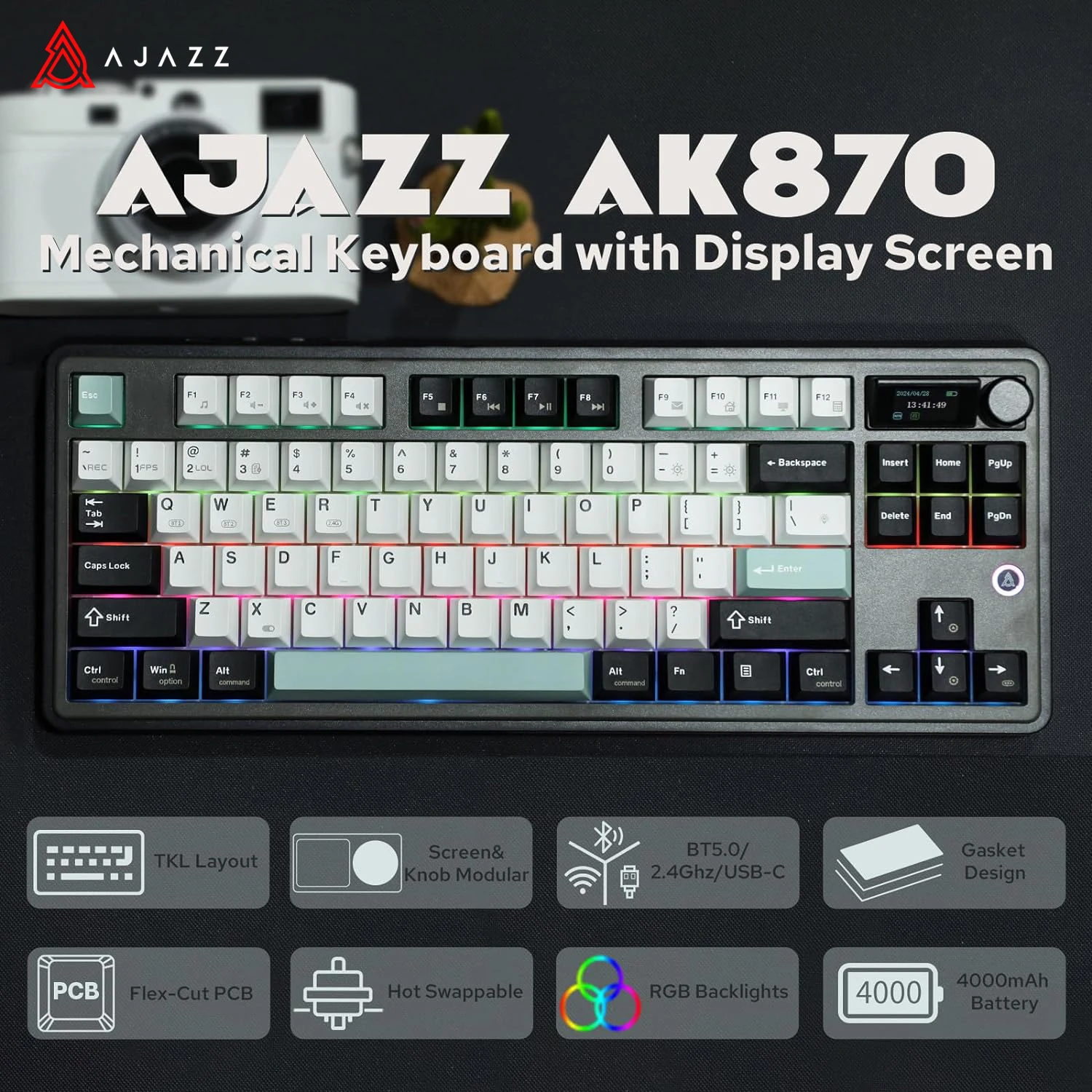 

Ajazz AK870 RGB Gaming Mechanical Keyboard Hot Swap Wired/Bluetooth/2.4GHZ Wireless Keyboard Gasket Design For Laptop Tablet