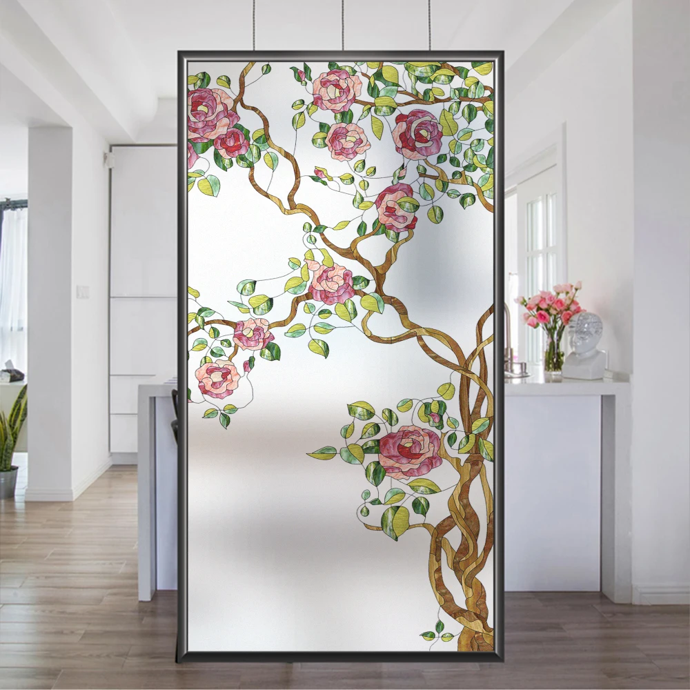 

Glass Window Privacy Film Vine Flower Cluster Pattern Frosted Sun Blocking Window Stickers Static Clings Sliding Glass Door Film