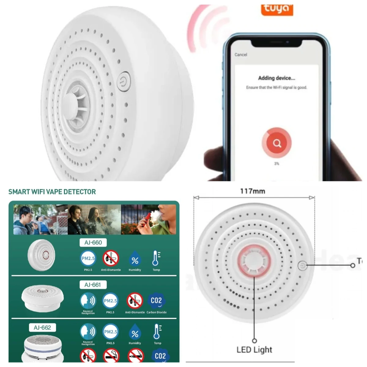 Suitablefor nPM2.5 detection alarm Tuya WiFi version sensor smoke detector AJ-660 wall mounted or ceiling mounted smoke detector