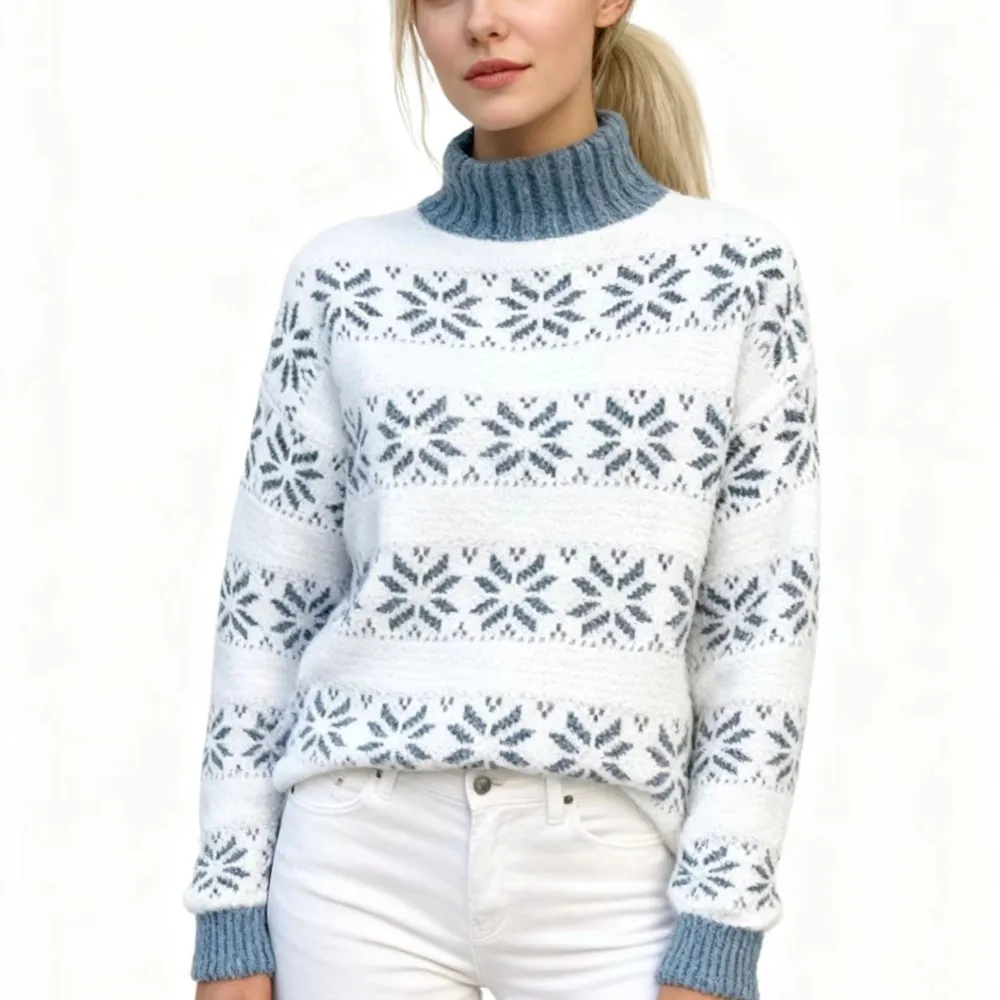 

Осенне-зимние женские рождественские свитера, повседневный свободный теплый свитер, пуловер с круглым вырезом и снежинками, топы с длинными рукавами и крючками