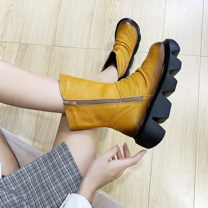 BEYARNE Ankle Boots Women Genuine Cow Leather Platform Bootie Side Zipper Soft Comfortable Autumn Winter Ladies Shoes Handmade