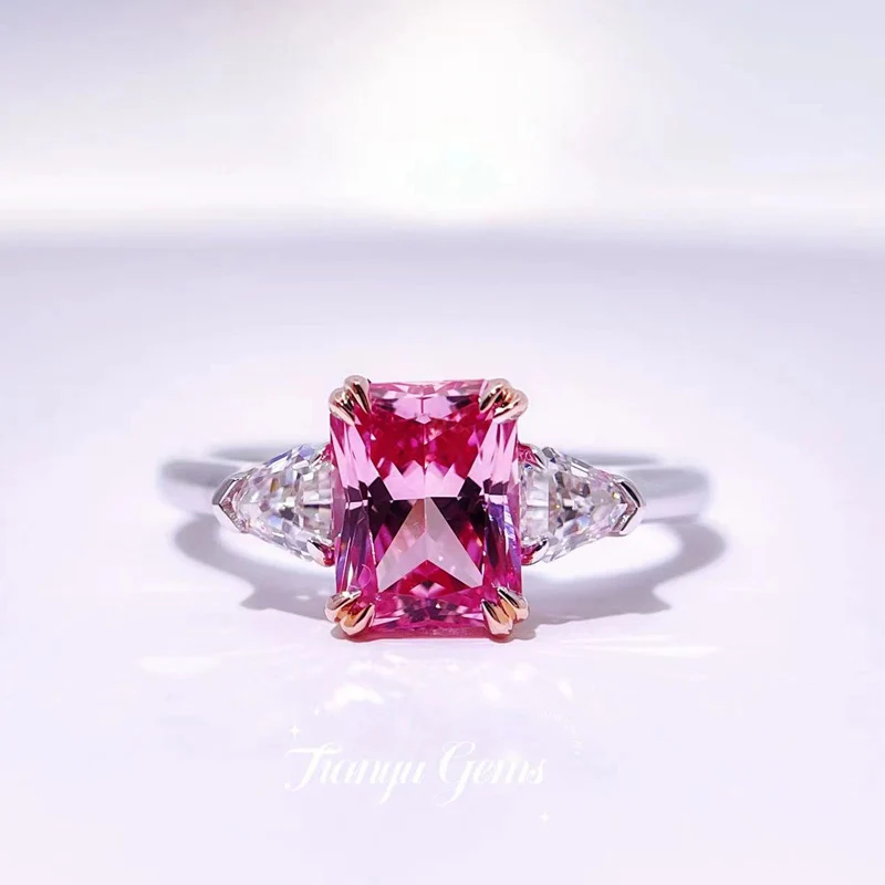 

Tianyu Gems Moissanite Ring Pink Stone Radiant Cut Gemstone Silver 925 White Gold Custom Rings Women Engagement Fine Jewelry