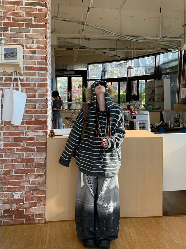 

ex Loose Fit Knitted Hoodie Stripe Pattern Casual Sle Long Sve Warmth Comfortable Breathable Autumn Winter Sweater