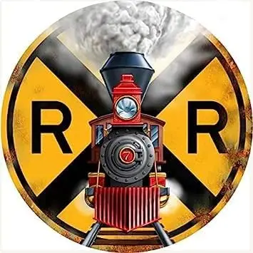 Retro Metal tin Sign 12'' X 12'' Round Train Signage Railroad Crossing Metal Tin Sign Nostalgic Retro Decor Wate