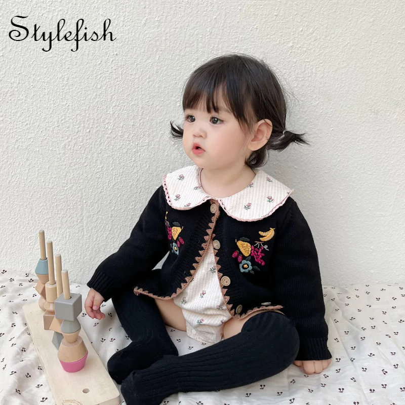 spring and autumn new baby cardigan Baby Flower embroidered coats cotton yarn knitted coat