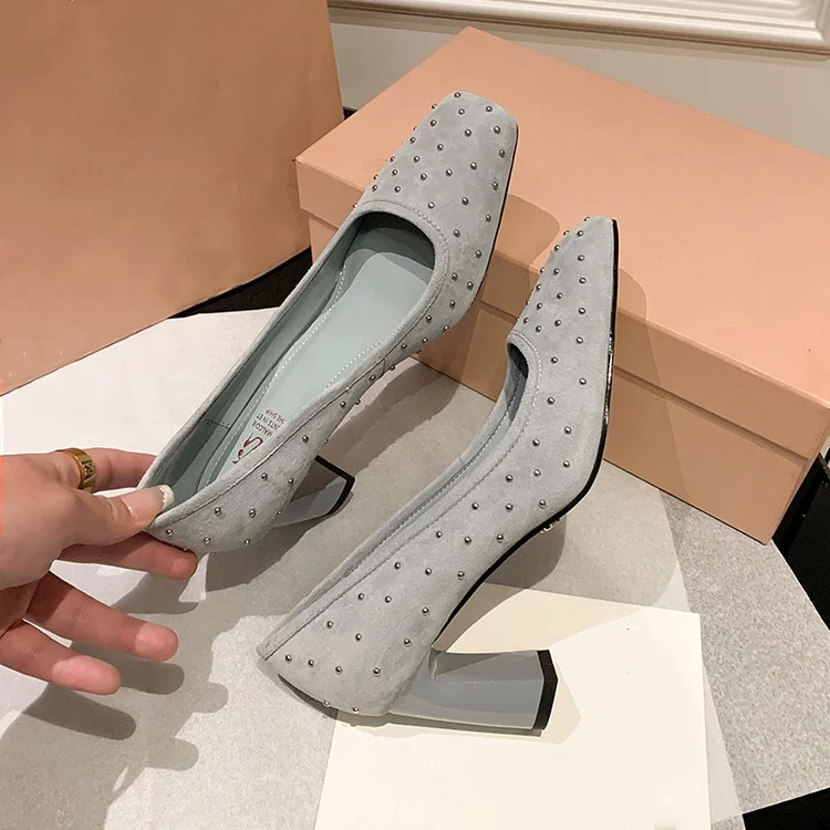 

Pink Suede Shallow Women Pumps Square Toe Rivets Slip On Prom Party Shoes 7cm Chunky High Heels Black Office Lady Work Stilettos