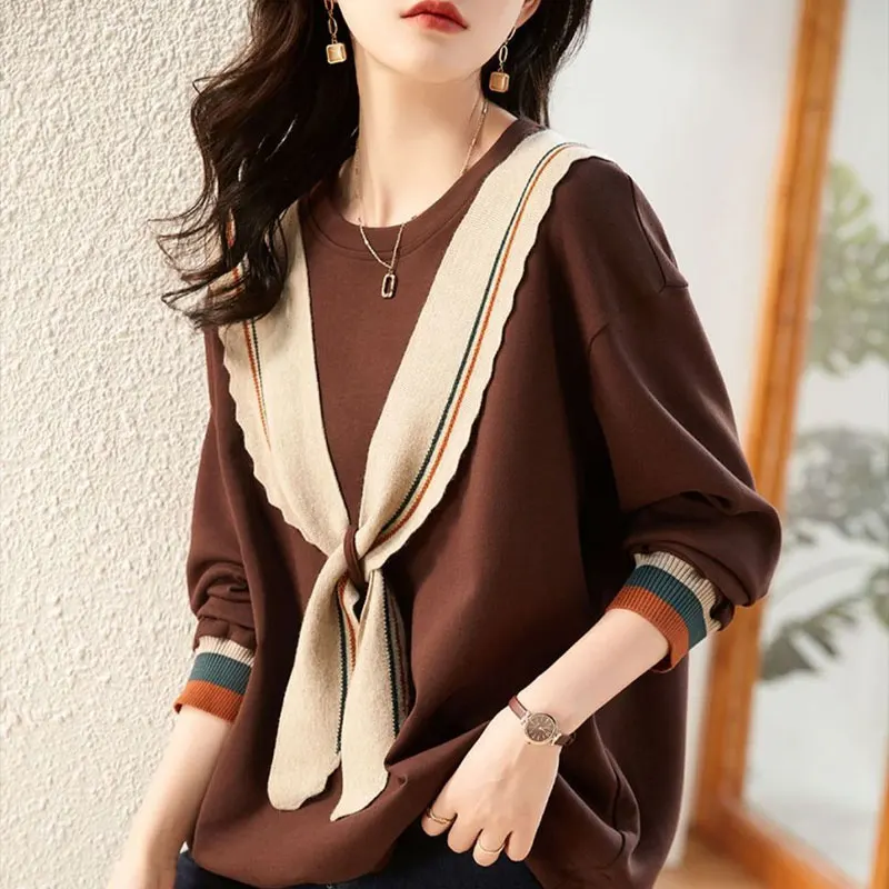 Female Clothing Casual O-Neck Pullovers 2023 Spring Autumn Stylish Scarf Drawstring Korean Spliced Basic Solid Color Sweatshirts