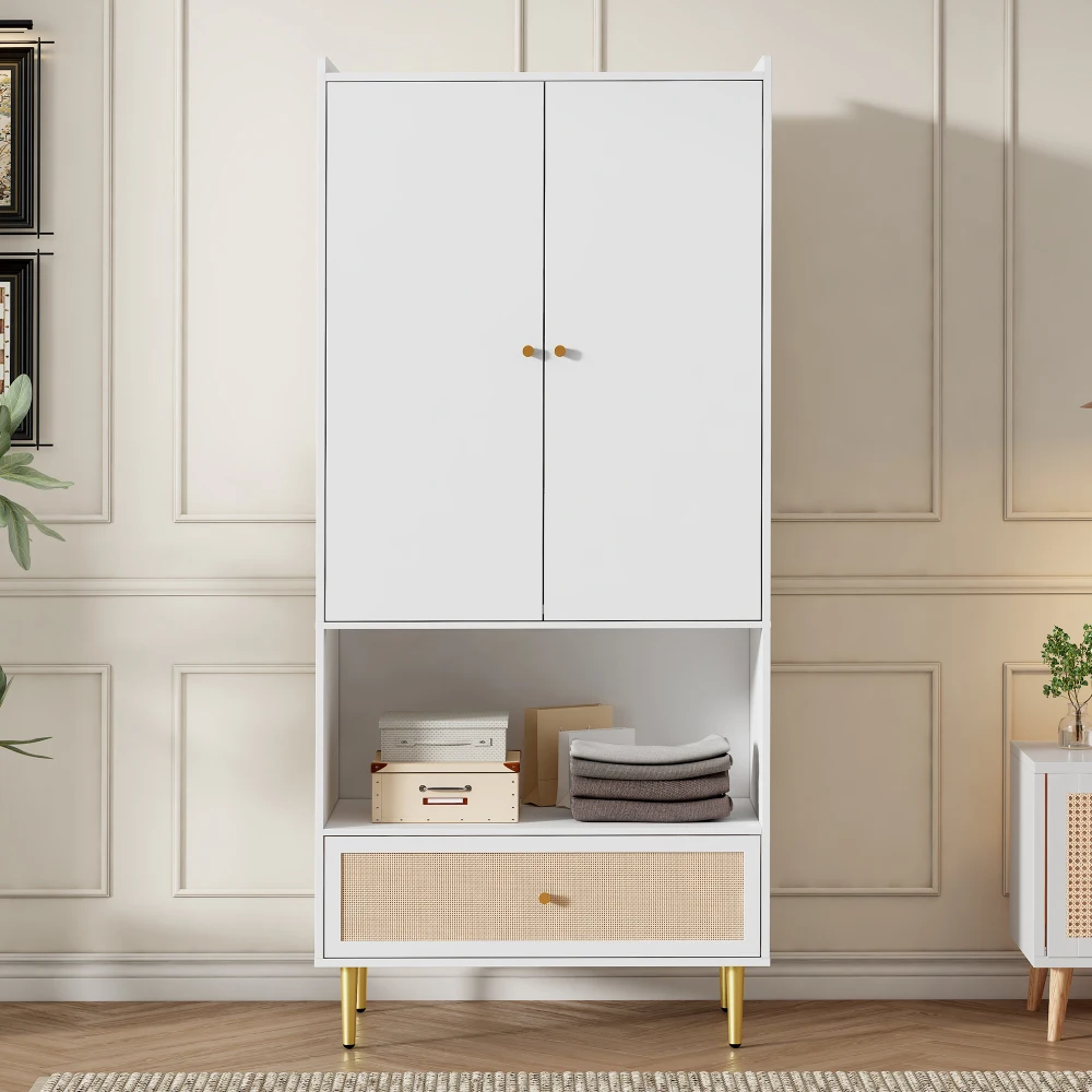 PINGGO Weißer Kleiderschrank mit 2 Türen, Rattanschublade, Metallbeinen und Griffen, 80x48x175cm, für Schlafzimmer und Wohnzimmer – Detail 5