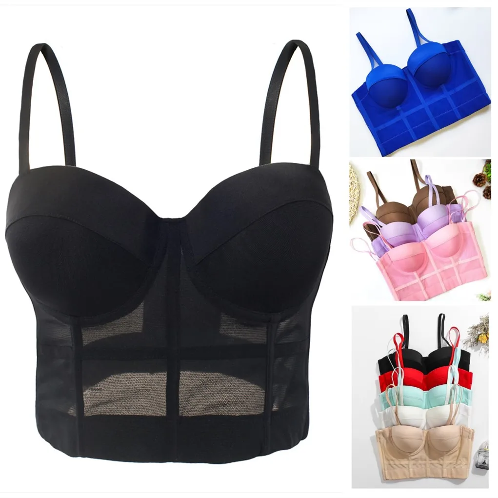 Seksowna siatka Push Up Bralet kobiety gorset stanik gorsetowy klub nocny Party długa seksowna krótka kamizelka Plus rozmiar Tank Top kobiety gorset